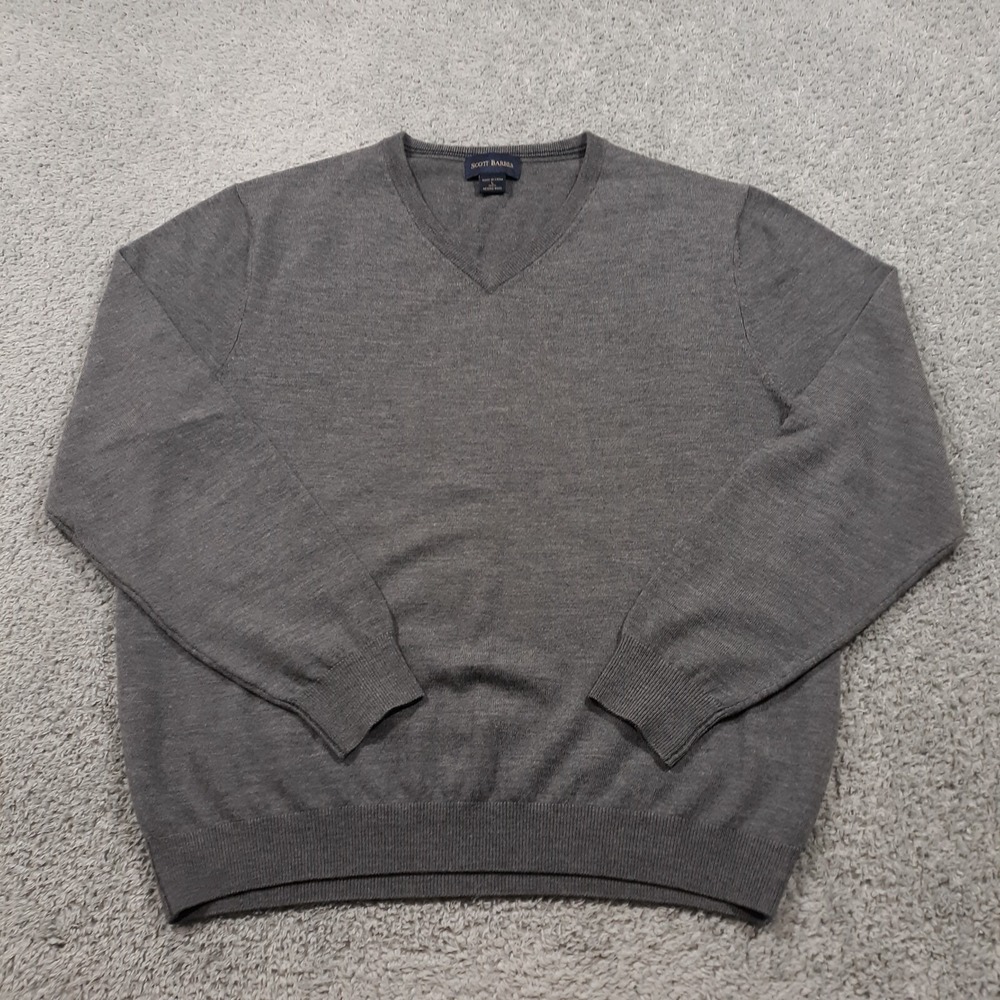 Scott Barber Sweater Merino Wool Mens Size Large V-Neck Pullover Gray